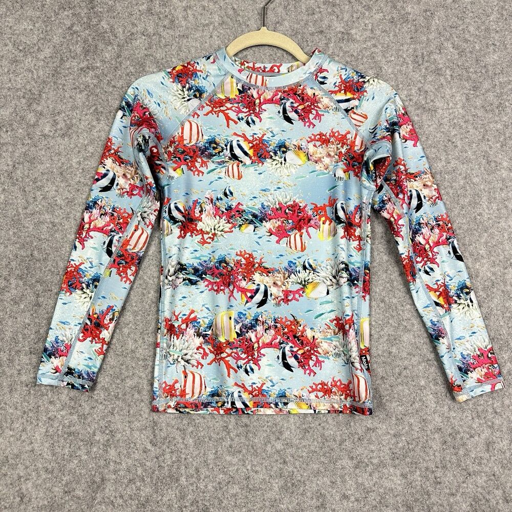 Molo Neptune LS Rash Guard Swim Shirt Youth 146 152 Blue Coral Fish UPF 40+